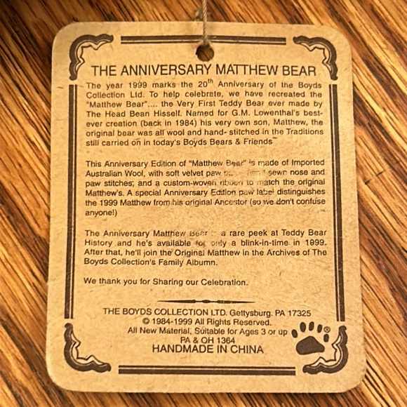 Boyds Bears Limited Edition 20th Anniversary Matthew Bear w/ Australian Wool Fur - Picture 10 of 10
